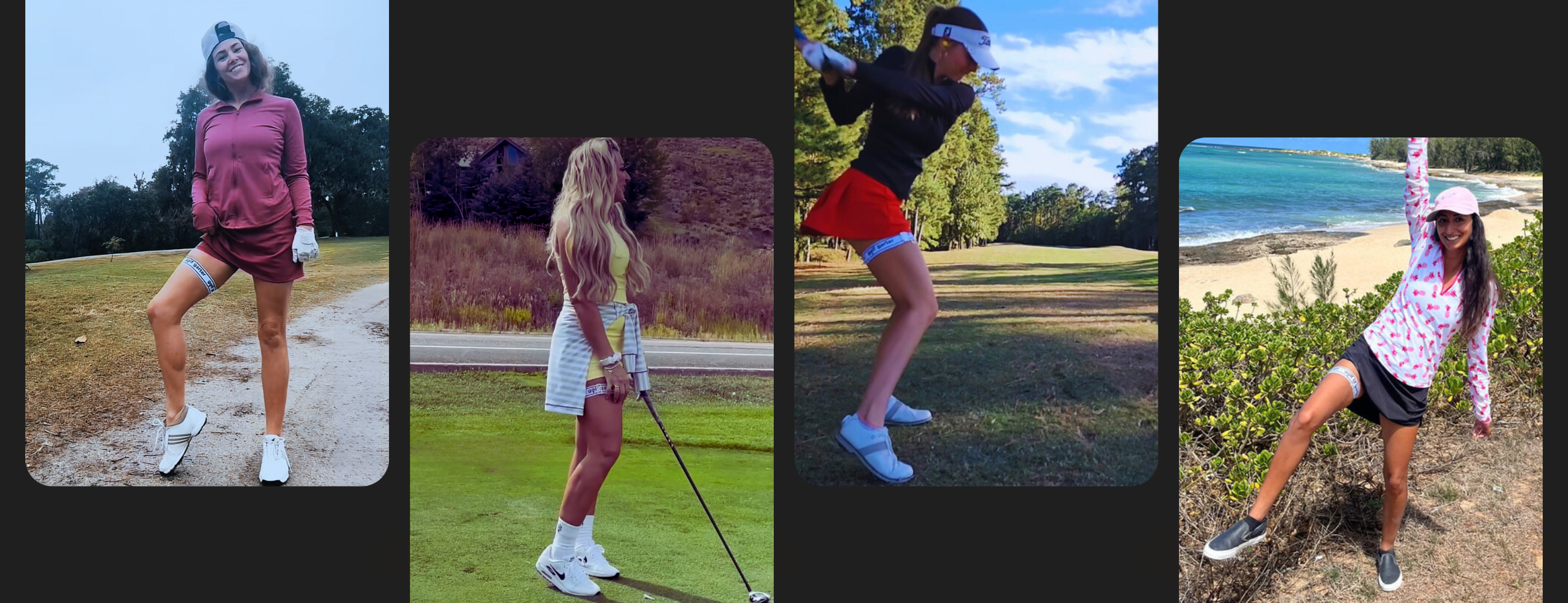 This is a collage of different female golfers out on the course with their Golf Garters visible.
