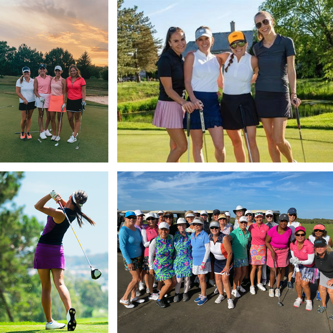 This is a photo collage of four photographs. Each one shows groups of women having fun together on the golf course. 